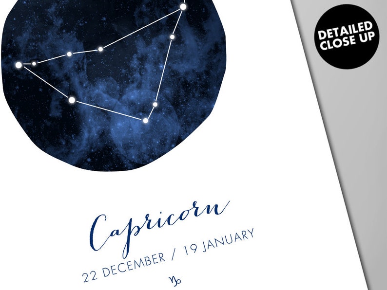 May include: A blue watercolor illustration of the Capricorn constellation with white stars against a dark blue background. The text "Capricorn" is written in cursive below the constellation. The dates "22 December / 19 January" are written below the text "Capricorn". The symbol for Capricorn is written below the dates.