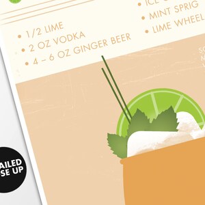 May include: A detailed close-up of a Moscow Mule cocktail recipe with ingredients listed: 1/2 lime, 2 oz vodka, 4-6 oz ginger beer, mint sprig, and lime wheel. The cocktail is garnished with a lime wedge and mint sprig.