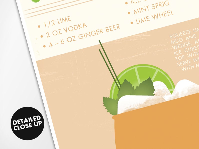 May include: A detailed close-up of a Moscow Mule cocktail recipe with ingredients listed: 1/2 lime, 2 oz vodka, 4-6 oz ginger beer, mint sprig, and lime wheel. The cocktail is garnished with a lime wedge and mint sprig.