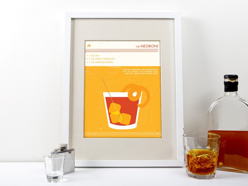 Negroni Cocktail Art Print - Food and Drink Poster - Mid-Century Modern Design - Cocktail Bar Decor - Giclee or Canvas! image 2