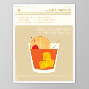Old Fashioned Cocktail - Retro Food and Drink Print - Cocktail Art Print - Party Decor - Giclee or Canvas!