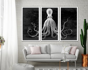 Tríptico de pulpo - Pulpo de Lord Bodner - Impresión de arte náutico - Impresionante decoración de océano de 3 paneles - ¡PERSONALIZABLE!