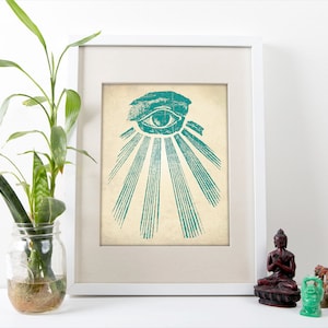 Pu&ograve; includere: Un occhio blu turchese con linee radianti, stampato su carta color crema, incorniciato in una cornice bianca.