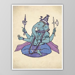 K&ouml;nnte beinhalten: Eine blaue und violette Illustration der hinduistischen Gottheit Ganesha mit vier Armen, die eine Blume, einen Dreizack, eine Axt und ein Seil halten. Er sitzt auf einer Lotusblume und hat einen Elefantenkopf.