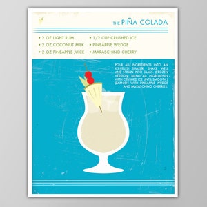 Puede incluir: Un p&oacute;ster de estilo vintage con fondo azul y texto blanco, que presenta una receta de c&oacute;ctel Pi&ntilde;a Colada. El p&oacute;ster incluye un gr&aacute;fico de una bebida Pi&ntilde;a Colada en un vaso alto con una rodaja de pi&ntilde;a y cerezas marrasquino.