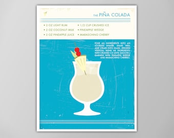 Pina Colada Art Print - Retro Drink Poster - Pina Colada Recipe - Cocktail Bar Decor - Classy Food and Drink Print - Giclee or Canvas!