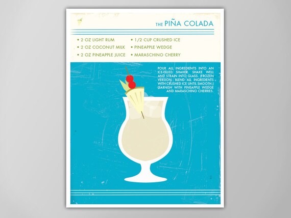 Pina Colada Art Print - Retro Drink Poster - Pina Colada Recipe - Cocktail Bar Decor - Classy Food and Drink Print - Giclee or Canvas!
