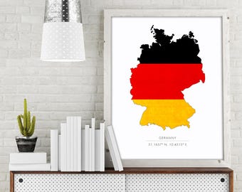 Germany Flag Map Art Print with Country Coordinates - Geography Poster - Travel Decor - Multiple Size Options!