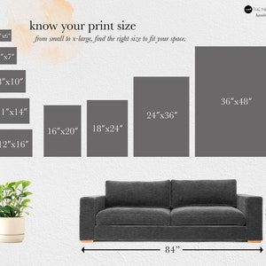 May include: A guide to choosing the right print size for your space, with examples of different sizes from 4x6 inches to 36x48 inches. The image also shows a couch to help visualize the size of the prints.
