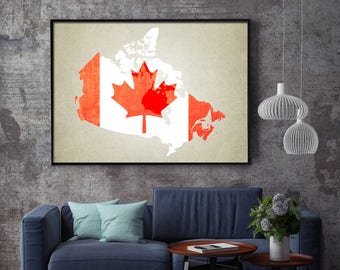 Impression d'art de carte du Canada - Affiche de drapeau canadien - Cartes et art mural de voyage - Toile et jet d'encre - Carte du Canada avec impression de drapeau - Impression de feuille d'érable