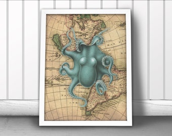 Octopus Print - Nautical Art - Vintage Map - Sea Creature Poster - CUSTOM COLORS AVAILABLE!