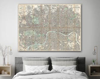 Large London Map Poster - Bacon's 1890 New Map of London Print - Travel Decor - Restored Vintage Map Reprint