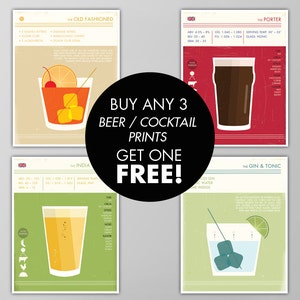 Pósteres de cócteles Compre 3 y obtenga 1 gratis - Venta de impresiones - BOGO - Impresiones artísticas de comida y bebida - Pósteres de bar - Cerveza - Vino - Conjunto de impresiones de cócteles