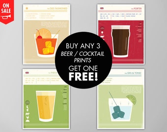 Cocktail Posters Buy 3 Get 1 Free - Print Sale - BOGO - Food and Drink Art Prints - Bar Posters - Beer - Wine - Cocktail Print Set