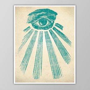 Pu&ograve; includere: Un occhio blu turchese con linee radianti, che ricordano un'esplosione di sole, su uno sfondo vintage color avorio.