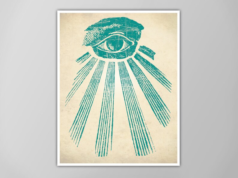 Pu&ograve; includere: Un occhio blu turchese con linee radianti, che ricordano un'esplosione di sole, su uno sfondo vintage color avorio.