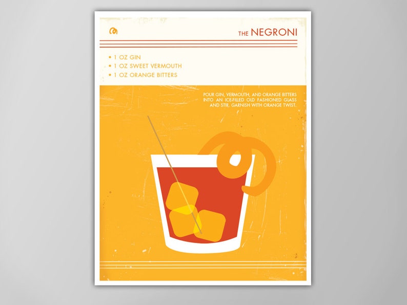 Negroni Cocktail Art Print - Food and Drink Poster - Mid-Century Modern Design - Cocktail Bar Decor - Giclee or Canvas! image 1