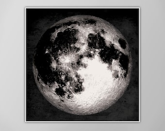 Giant Full Moon Poster - Black and White - High Contrast - Galaxy and Space Wall Art - Astronomy Decor