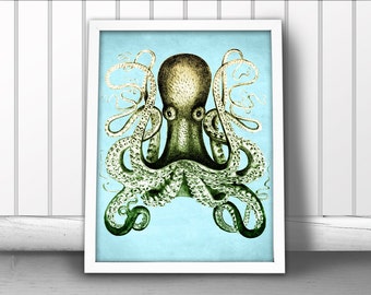 Giant Octopus Poster - Nautical Wall Art - Marine Life Art - Beach House Print - Tropical and Coastal Decor - Custom Colors!