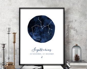 Sagittarius Art Print - Horoscope Poster - Zodiac Wall Art - Sagittarius Birth Dates - Constellation Canvas Print - Giclee or Canvas!