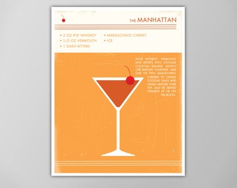 May include: A vintage-style poster with an orange background and a red cocktail glass filled with a dark red liquid. The glass is garnished with a red maraschino cherry. The poster includes the text "THE MANHATTAN" and a list of ingredients and instructions for making the cocktail.
