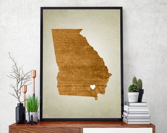 Georgia Map Print - Georgia State Wall Art - State Map Art with Hometown Heart - Fully Customizable!