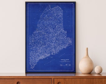 Maine State Map Print - Vintage Map Reprint - Blueprint Poster - X-Large Sizes Available and Four Color Styles