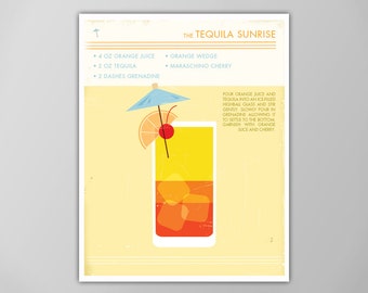 Tequila Sunrise Art Print - Cocktail Poster - Food and Drink Wall Art - Bar Decor - Party Decoration - X-Large Size Options!