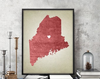 Maine | Custom State Map Print - Personalized Map - Travel Decor - Home State Print - Choose Color and Heart Location Options Available