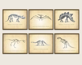 Dinosaur Art Print Set - 6 Posters Included - Stegosaurus - Triceratops - Pteranodon - Velociraptor - Brontosaurus - T-Rex