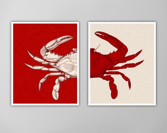 Red Crab Print Set - Nautical Art - Linen-Textured - 2 Pieces Included - Custom Color Options Available - Giclee or Canvas