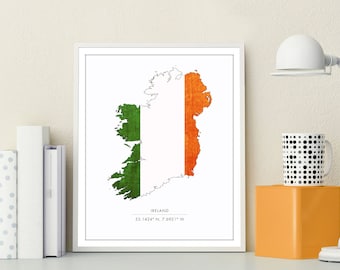 Ireland Map Art - Irish Flag Print - Travel Decor - Ireland Coordinates Poster - Giclee or Canvas!