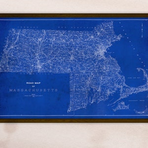 Massachusetts State Map Print Vintage Map Reprint Blueprint Poster X-Large Sizes Available and Four Color Styles Industrial Blueprint