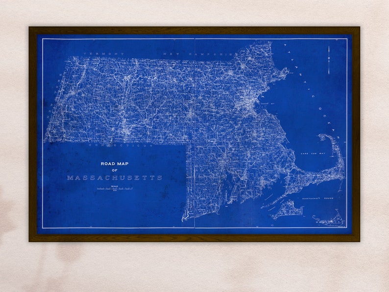 Massachusetts State Map Print Vintage Map Reprint Blueprint Poster X-Large Sizes Available and Four Color Styles Industrial Blueprint