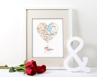 Personalized Engagement Poster - Wedding Art Print - Anniversary Map - Heart Location Map - Bridal Shower Gift