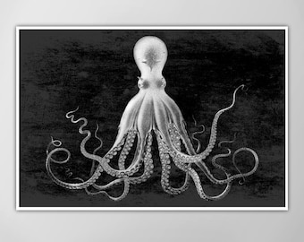 Pulpo de Lord Bodner - Cartel de pulpo gigante - Impresión de arte náutico - Fondo de carbón - Tamaños extragrandes disponibles