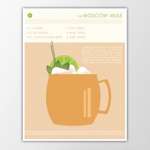 Lámina artística de cóctel Moscow Mule - Impresión retro de comida y bebida - Diseño moderno de mediados de siglo - Póster de cóctel de vodka