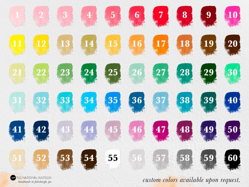 Pu&ograve; includere: Una cartella di 60 colori di vernice diversi, numerati da 1 a 60. I colori sono disposti in file di 10, con ogni colore rappresentato da un cerchio dipinto. I colori vanno dal rosa chiaro al nero scuro.