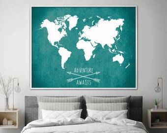 Adventure Awaits Art Print - World Map Poster - Custom World Map Print - Choose Any Color - X-Large Sizes Available!