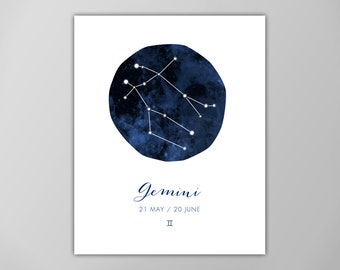 Gemini Horoscope Dates and Constellation Art Print - Zodiac Poster - Astrological Decor - Multiple Sizes Available!