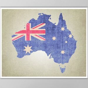 May include: A vintage-style illustration of the continent of Australia with the Australian flag superimposed on the western portion of the country. The flag is red, white, and blue with a Union Jack in the upper left corner and a constellation of stars in the lower right corner. The map is on a textured beige background.