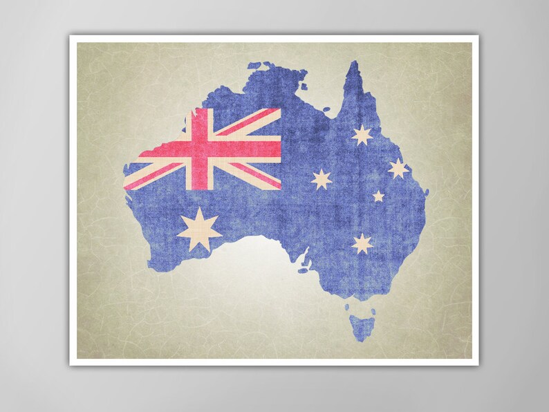 May include: A vintage-style illustration of the continent of Australia with the Australian flag superimposed on the western portion of the country. The flag is red, white, and blue with a Union Jack in the upper left corner and a constellation of stars in the lower right corner. The map is on a textured beige background.