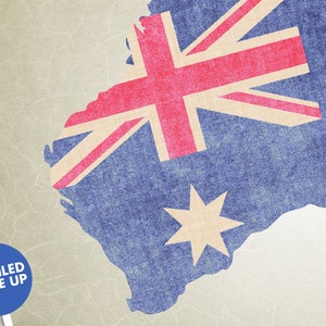 May include: A vintage-style illustration of the Australian flag superimposed on a map of Australia. The flag features the Union Jack in the upper left corner and a large red Southern Cross constellation in the lower right corner. The map is blue with a white six-pointed star in the center.