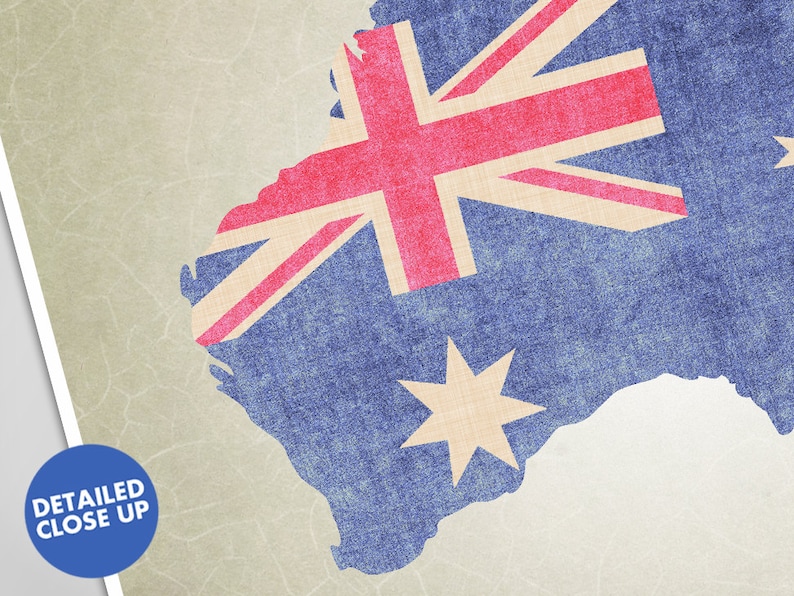 May include: A vintage-style illustration of the Australian flag superimposed on a map of Australia. The flag features the Union Jack in the upper left corner and a large red Southern Cross constellation in the lower right corner. The map is blue with a white six-pointed star in the center.