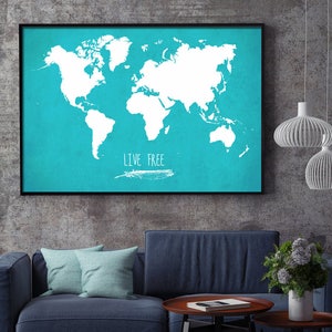 World Map Poster - Live Free Art Print - Map of the World - Travel Decor - Housewarming Gift - Geography Wall Art - Custom Color Option!