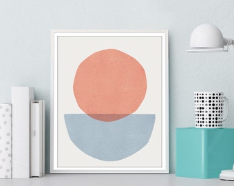 Abstract Art Print - Minimalist Decor - Modern Art - Circle Shapes - Neutral Blue and Orange Colors - Abstract Wall Art