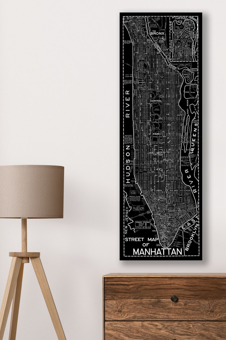 Manhattan Street Map Art Print 1945 Vintage Map Reprint New York City Blueprint Map Poster X-Large Sizes Available Inverted Black