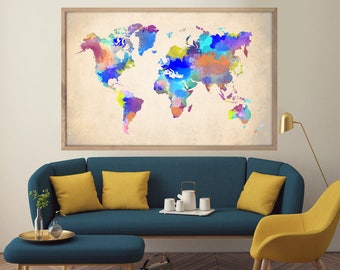 Watercolor World Map - Large Map Wall Art - Travel Decor - World Poster - X-Large Sizes Available