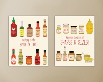 Hot Sauce and Mustard Print Set - Kitchen Decor - Foodie Art - 2 Posters Included - Many Size Options Available