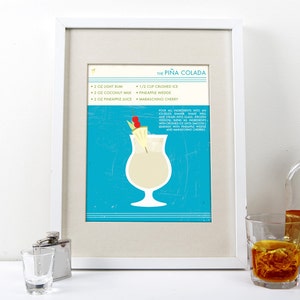 Puede incluir: Una impresi&oacute;n enmarcada con un fondo azul y una copa de c&oacute;ctel blanca llena de una bebida cremosa. La impresi&oacute;n incluye la receta de una Pi&ntilde;a Colada, con ingredientes como ron blanco, leche de coco, jugo de pi&ntilde;a y hielo picado. El texto tambi&eacute;n incluye instrucciones para agitar todos los ingredientes con hielo y colar en un vaso.